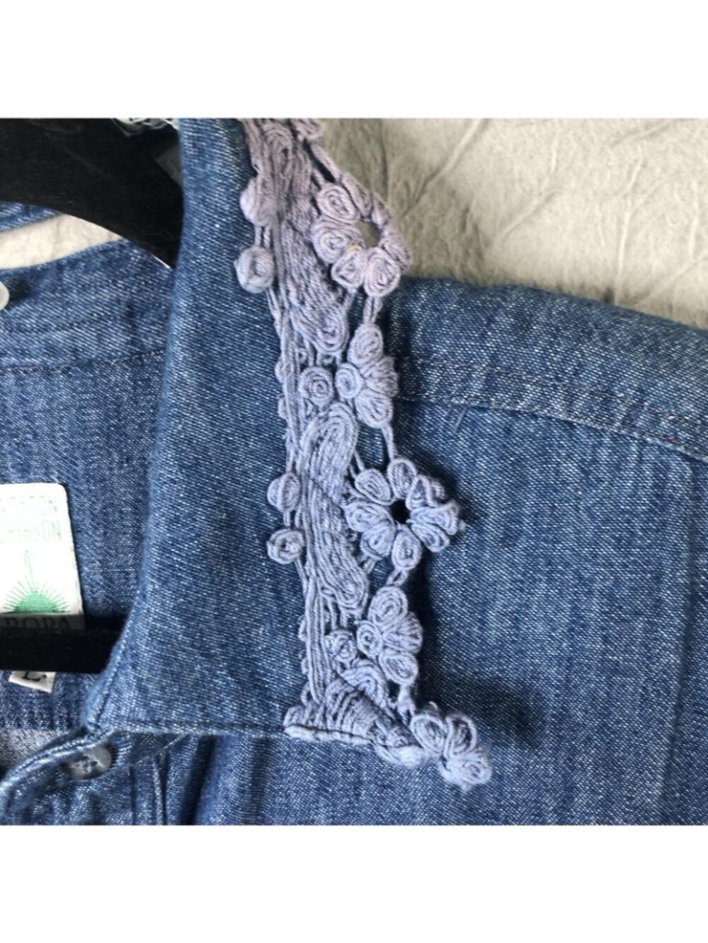 Western Denim Dress Womens L Blue Maxi Crochet Collar Boho Farmhouse Modest - Picture 8 of 16
